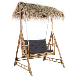 2-Seater Swing Bench with Palm Leaves and Cushion 202 cm Bamboo