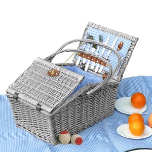 4 Person Picnic Basket Baskets Set Outdoor Blanket Wicker Deluxe Folding Handle