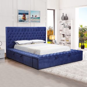 Dalton Queen Size Bed Frame Velvet Upholstery Deep Blue Colour Tufted Headboard Deep Quilting