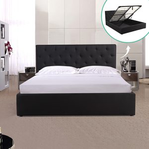 Gilgai Gas Lift Queen Size Storage Bed Frame Upholstery Fabric in Black Colour with Tufted Headboard