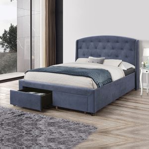 Endrick Queen Size Storage Bed Frame Upholtery Navy Blue Fabric with 2 Drawers