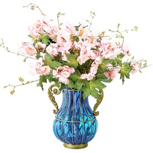 Blue Colored Glass Flower Vase with 8 Bunch 3 Heads Artificial Fake Silk Hibiscus Home Decor Set