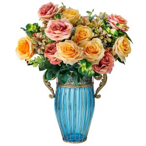 Blue Colored Glass Flower Vase with 4 Bunch 11 Heads Artificial Fake Silk Rose Home Decor Set