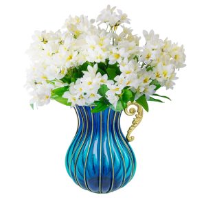 Blue Colored Glass Flower Vase with 10 Bunch 6 Heads Artificial Fake Silk Lilium nanum Home Decor Set