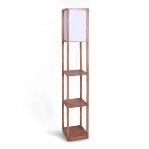 Plastic Etagere Floor Lamp Off-White Fabric Shade in Oak Wood Finish