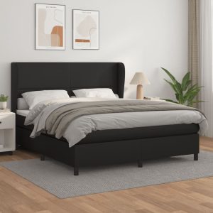 Box Spring Bed with Mattress Black Faux Leather