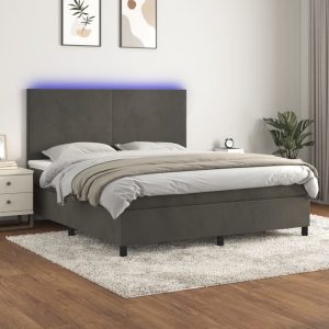 Box Spring Bed with Mattress&LED Dark Grey 152x203 cm Queen Velvet