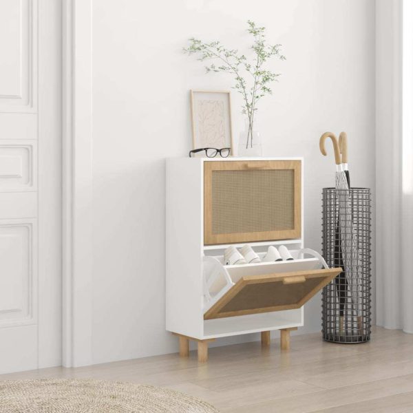 Shoe Cabinet White 52x25x80 cm Engineered Wood and Natural Rattan