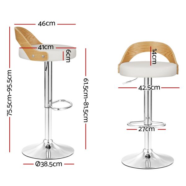 Set of 2 Bar Stools Kitchen Gas Lift Wooden Stool Metal Barstools Swivel – White