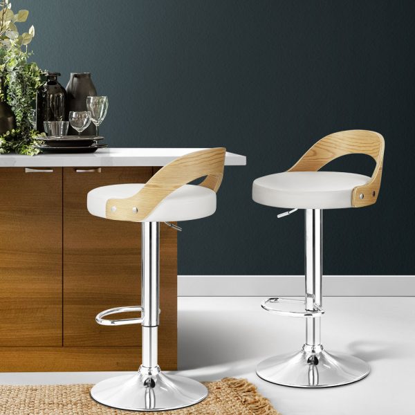 Set of 2 Bar Stools Kitchen Gas Lift Wooden Stool Metal Barstools Swivel – White