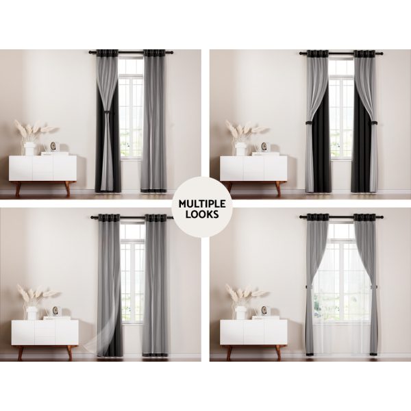 2X 132x213cm Blockout Sheer Curtains Black