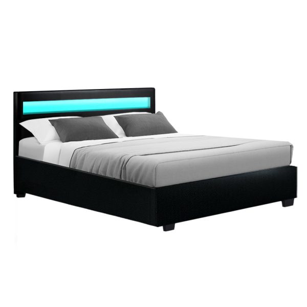 Washpool LED Bed Frame PU Leather Gas Lift Storage – DOUBLE, Black