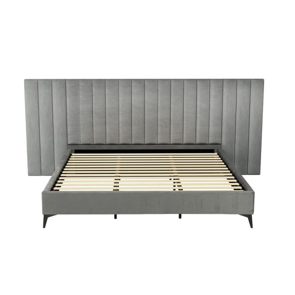 Bed Frame King Size Bed Base w Oversized Headboard Velvet Fabric Grey