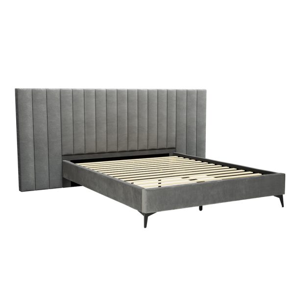 Bed Frame Queen Size Bed Base w Oversized Headboard Velvet Fabric Grey