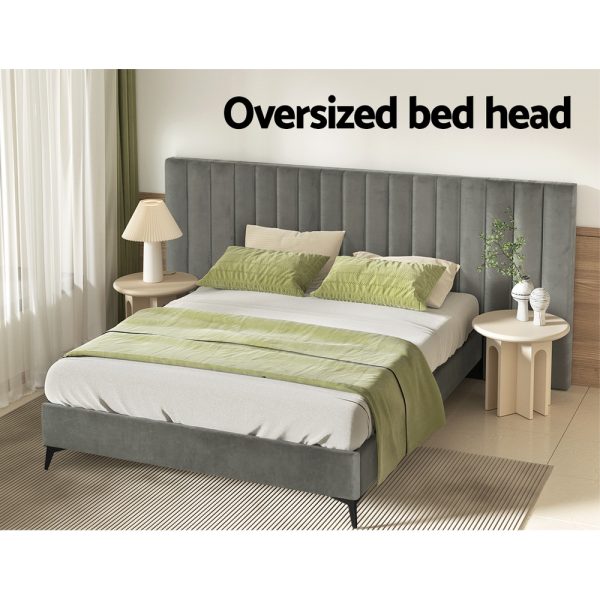 Bed Frame Queen Size Bed Base w Oversized Headboard Velvet Fabric Grey