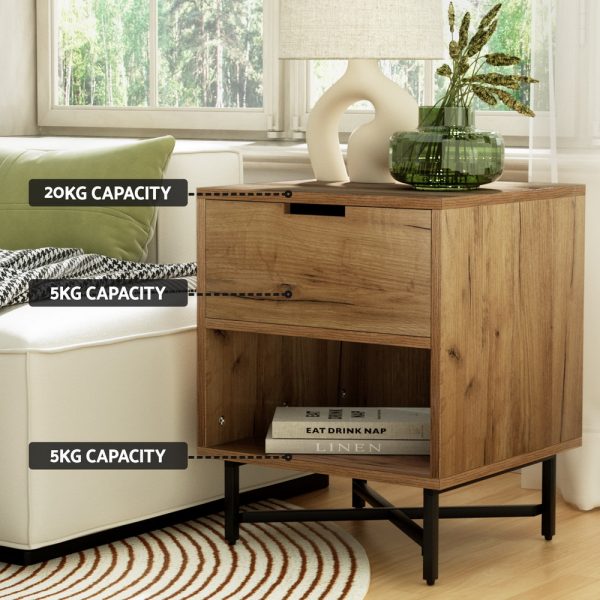 Bedside Table Drawers Side Table Shelf Storage Nightstand Rust Oak KRAVU