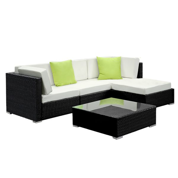 Sofa Set with Storage Cover Outdoor Furniture Wicker – 1 x Single Sofa + 2 x Corner Sofa + 1 x Table + 1 x Ottoman + 1 x storage cover