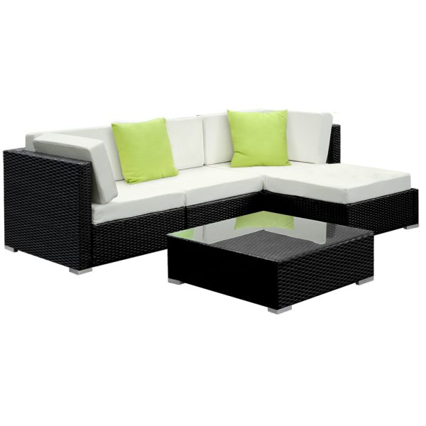 Sofa Set with Storage Cover Outdoor Furniture Wicker – 1 x Single Sofa + 2 x Corner Sofa + 1 x Table + 1 x Ottoman + 1 x storage cover