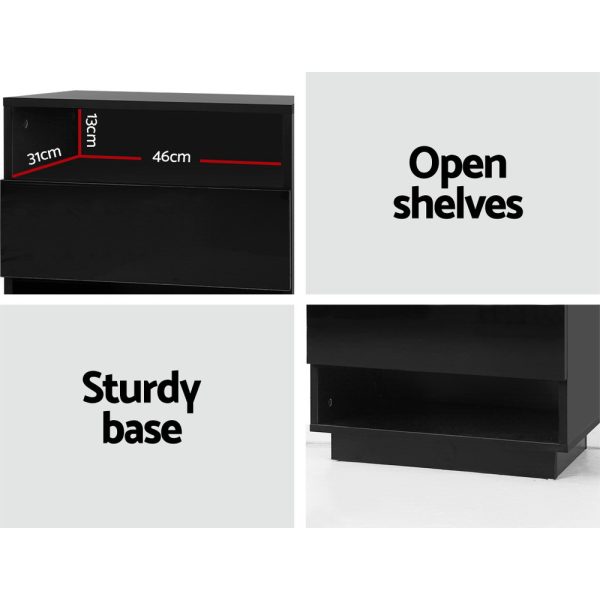 Bedside Table LED with 2 Shelves – HANA Black