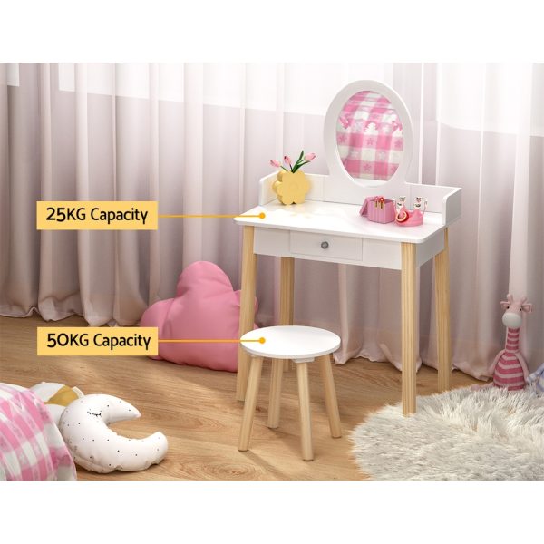 Kids Dressing Table Chair Set Wooden Leg Vanity Makeup Drawer Mirror