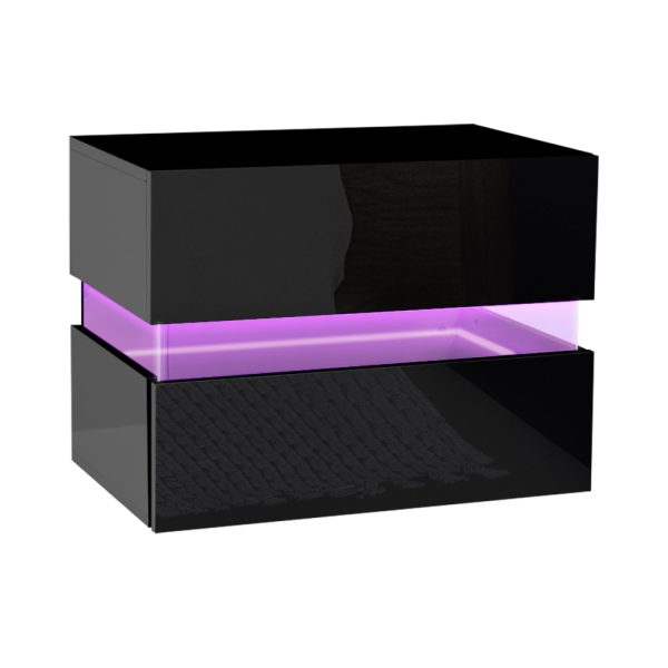 Bexley Bedside Table 2 Drawers RGB LED Side Nightstand High Gloss Cabinet – Black