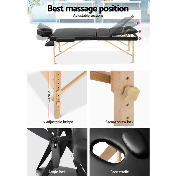 3 Fold Portable Wood Massage Table – 70 cm, Black