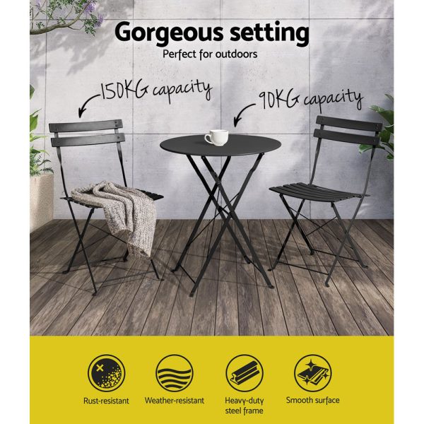 Outdoor Setting Table and Chairs Folding Patio Furniture Bistro Set – Black