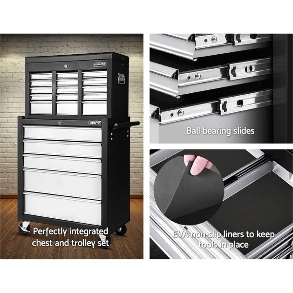 14 Drawers Toolbox Chest Cabinet Mechanic Trolley Garage Tool Storage Box – Black and Silver