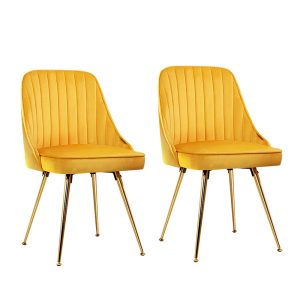 Set of 2 Dining Chairs Retro Chair Cafe Kitchen Modern Metal Legs Velvet – Yellow