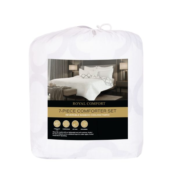 Royal Comfort Bamboo Cooling Reversible 7 Piece Comforter Set Bedspread – QUEEN, White