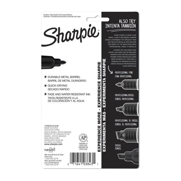 SHARPIE Met Permanent Marker Bullet Tip Black Pack 4