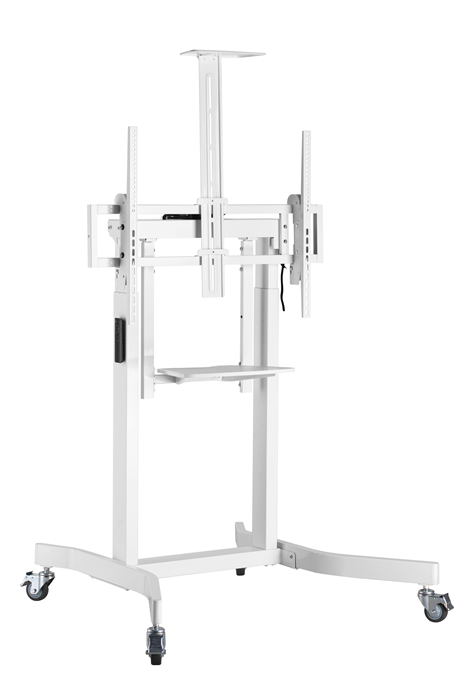 BRATECK Deluxe Motorized Large TV Cart with Tilt, Equipment Shelf and Camera Mount Fit 55′-100′ Up to 120Kg – White