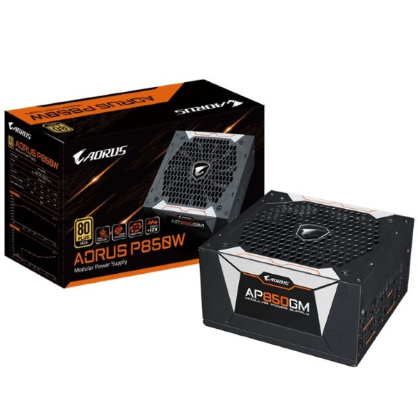 GIGABYTE AP850GM AORUS 850W ATX PSU Power Supply 80+ Gold >90% Modular 135mm Fan Black Flat Cables Single +12V Rail Japanese Capacitors