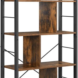 4-Tier Industrial Bookshelf Stable Iron Frame, Rustic Brown