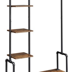 Clothing Garment Rack on Wheels with 5-Tier, Industrial Pipe Style, Rustic Brown