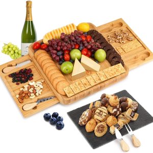 Bamboo Cheese Board Set with Knife Set with 4 Stainless Steel Knife & Thick Wooden tray for Wine Crackers, Brie and Meat