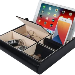 Valet Tray Leather Multi Catch Storage Box for Jewellery Accessories, Keys, Phone, Wallet, Coin, Jewellery (Black)