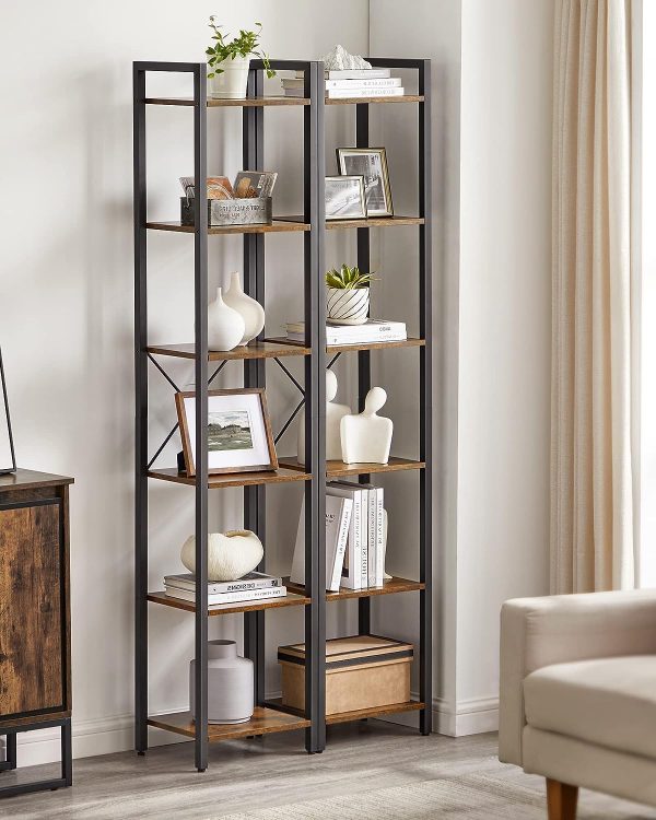 Small 6-Tier Industrial Bookshelf, Rustic Brown, Black