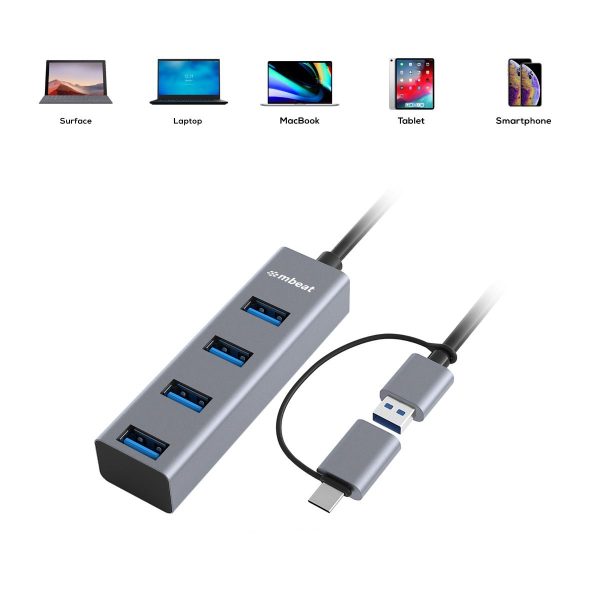 mbeat 4-Port USB 3.0 Hub with 2-in-1 USB 3.0 & USB-C Converter – 4-Port USB