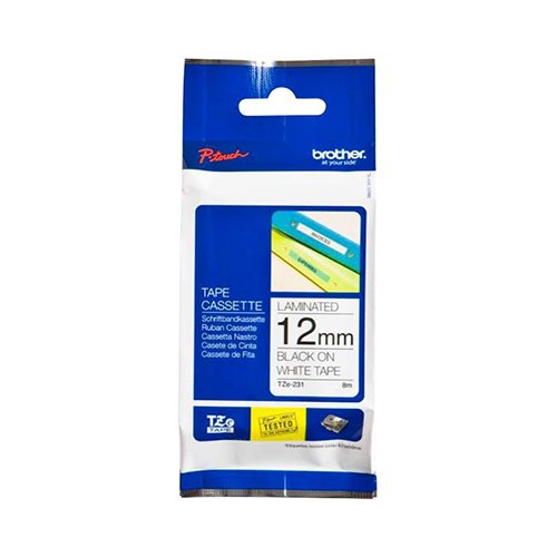 Brother TZe-231 12mm x 8m Black on White Tape Non-Laminated – for use in Brother Printer