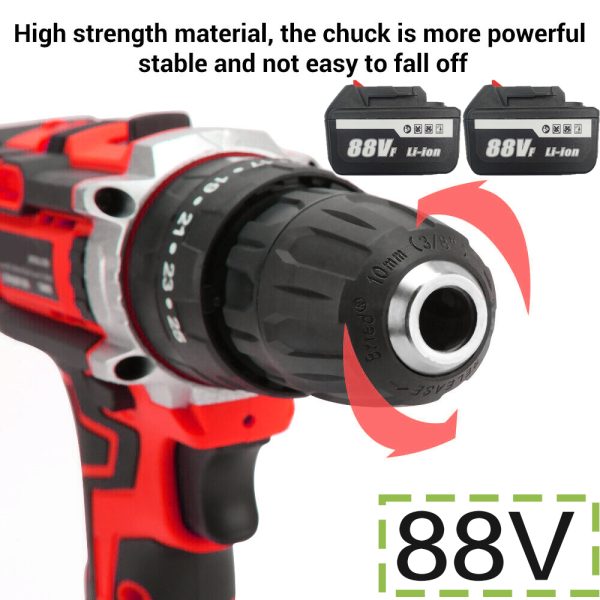 Cordless Drill w/2 Battery Heavy Duty Impact Driver Kit Brushless Hammer Set 88V