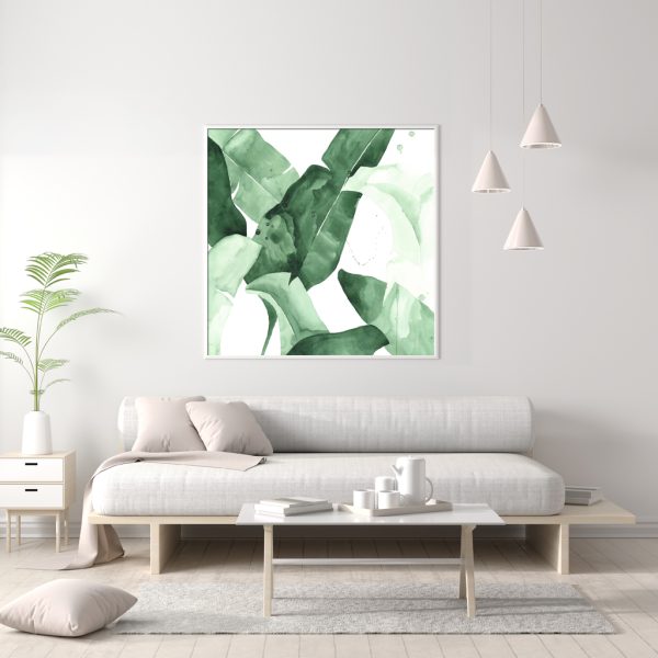 Tropical Leaves Square Size White Frame Canvas Wall Art – 50×50 cm