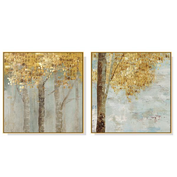 Golden Leaves 2 Sets Gold Frame Canvas Wall Art – 50×50 cm