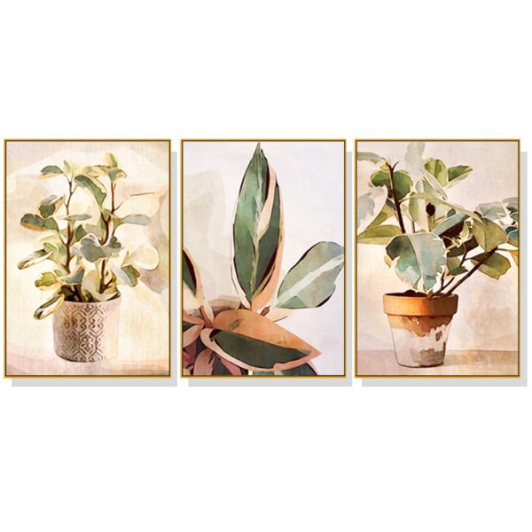 Botanical Leaves Watercolor Style 3 Sets Gold Frame Canvas Wall Art – 40×60 cm