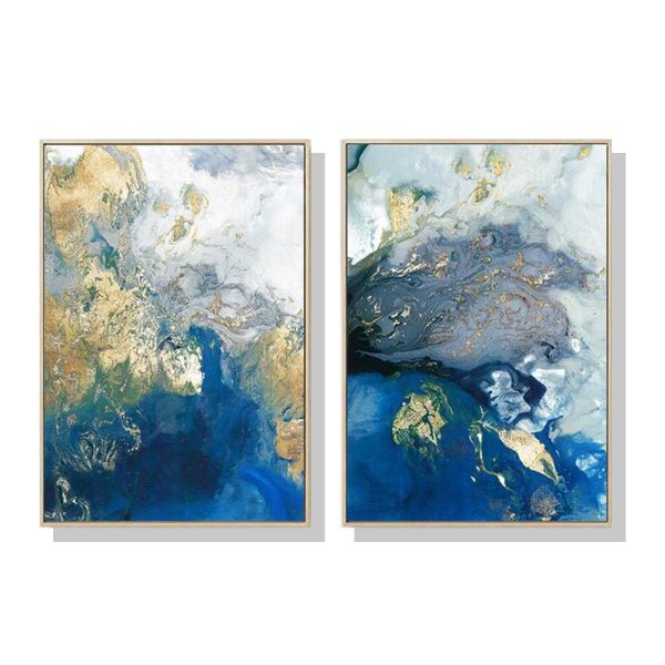 Marbled Blue And Gold 2 Sets Gold Frame Canvas Wall Art – 50×70 cm