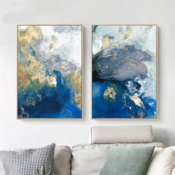 Marbled Blue And Gold 2 Sets Gold Frame Canvas Wall Art – 50×70 cm