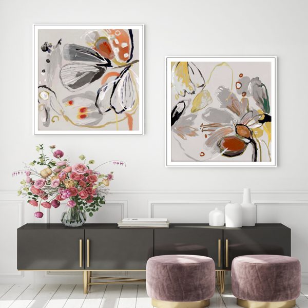 Wall Art 90cmx90cm Blooming Spring Floral 2 Sets White Frame Canvas