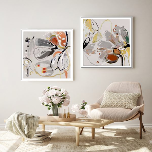 Wall Art 60cmx60cm Blooming Spring Floral 2 Sets White Frame Canvas