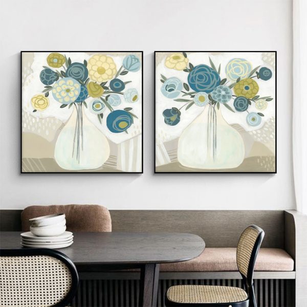 Wall Art 40cmx40cm Blue Bouquet 2 Sets Black Frame Canvas