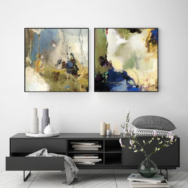 Wall Art 80cmx80cm Abstract Blue 2 Sets Black Frame Canvas